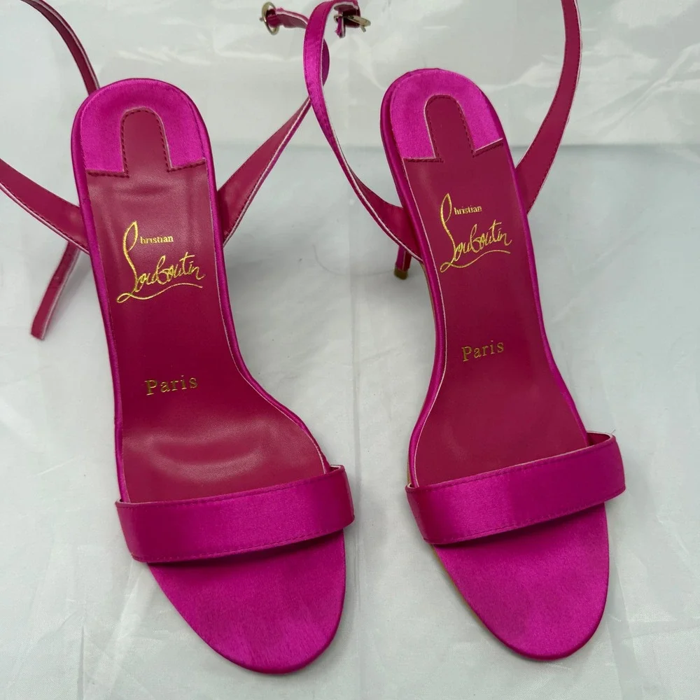Faux Christian Louboutin Fuchsia Pink Satin Ankle Strap Red Bottom Heels 39